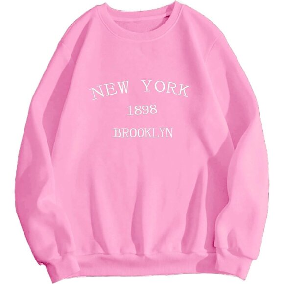 ⚡Women Pink New York 1898 Imported Graphic Crewneck Long Sleeve Sweatshirt - Picture 1 of 5